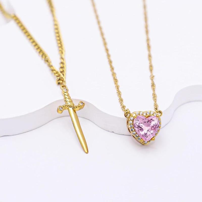 Romantic Sword Pierced Heart Necklace - Gold Chain Trendy Jewelry with Red Crystal Pendant, Perfect Valentine's Day Gift for Best Friend or Lover