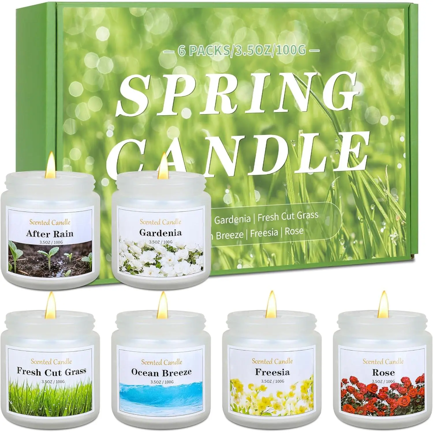 Spring Summer Scented Candles, 6 Pack Soy Wax Candles for Home Scented, 21 oz Aromatherapy Candle Gift Set for Women & Men, Freesia/Rose/After Rain/Gardenia/Fresh Cut Grass/Ocean BreezeGift.