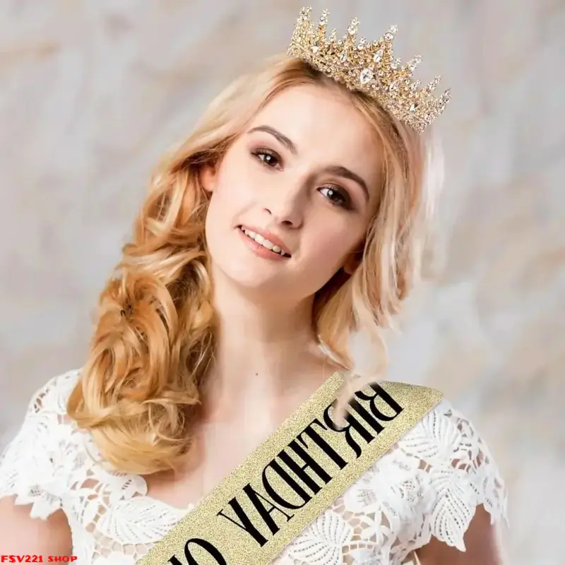 Women's Crystal Princess Gold Crown-Birthday Queen Crown & Sash Set, Gold Rhinestone Tiara with Birthday Sash, Women Birthday Party Decor Accessory Kit - Rhinestone Headband, Bridal Wedding Hair Accessory, Birthday Party & Print Photography Prop
