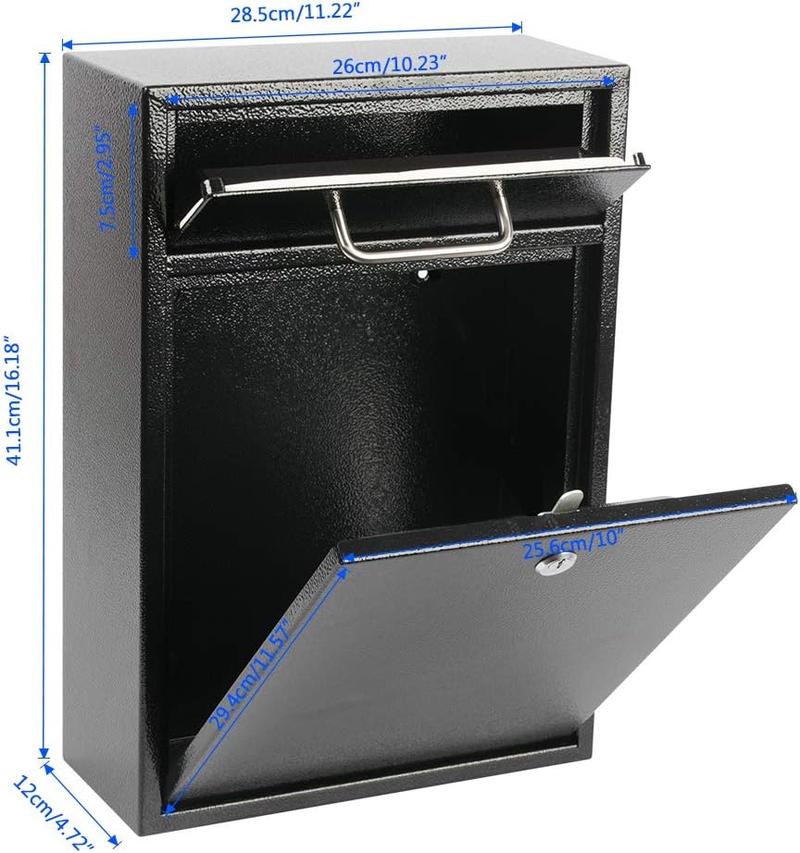 Steel Key Lock Mail Boxes Outdoor, Locking Wall Mount Mailbox,  Lock Drop Box, Collection Boxes,16.2H x 11.22L x 4.72W Inches, Black X Large