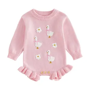 Infant Baby Girls FallWinter  Knit Romper Fashion Duck Embroidery Long Sleeve Sweater Jumpsuit 0-18 Months