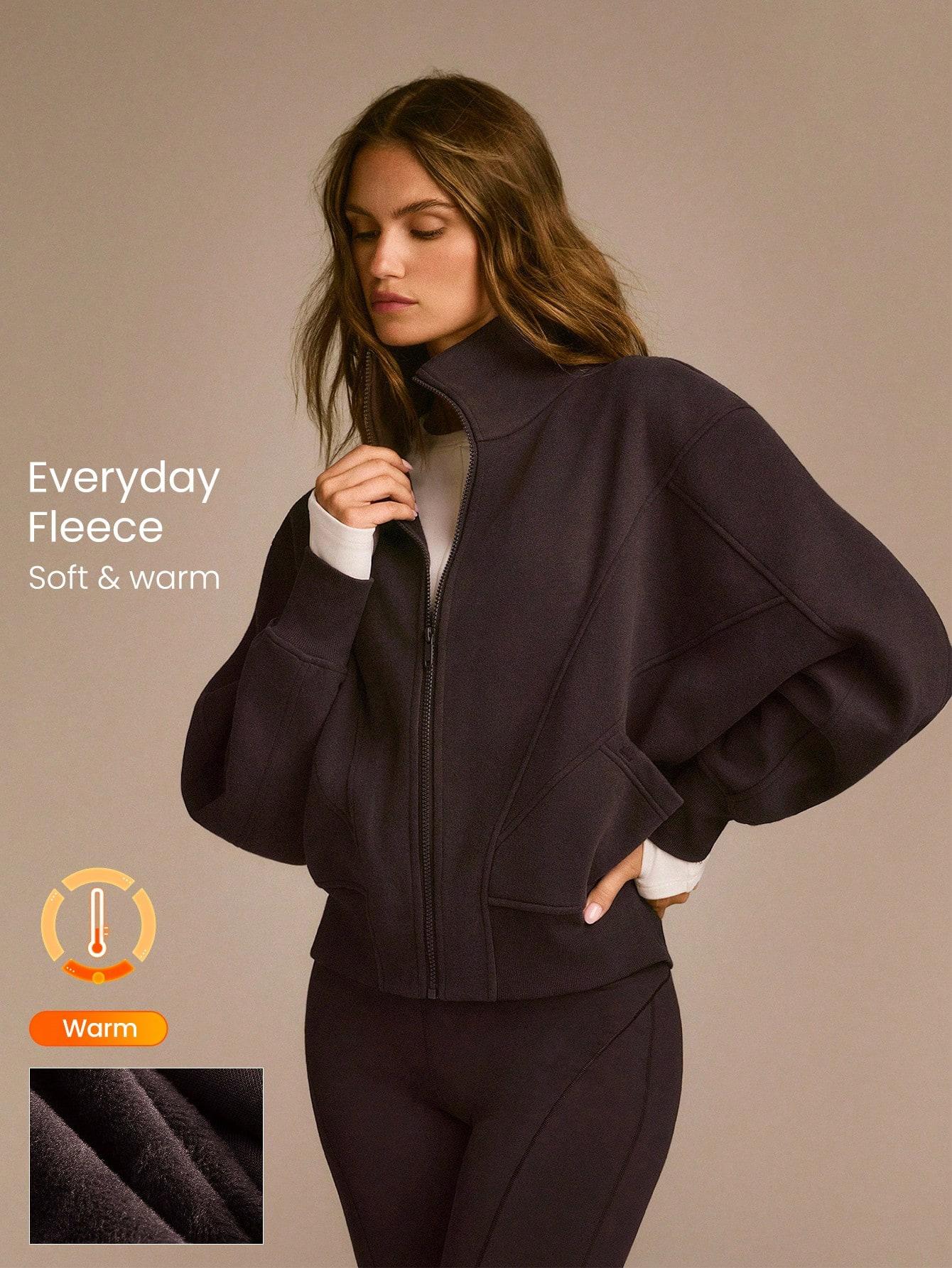 GLOWMODE Everyday Fleece WarmthSoft Warm Lightweight Front Back Seam Detailing Pockets Batwing Sleeve High Neckline Full-Zip Jacket