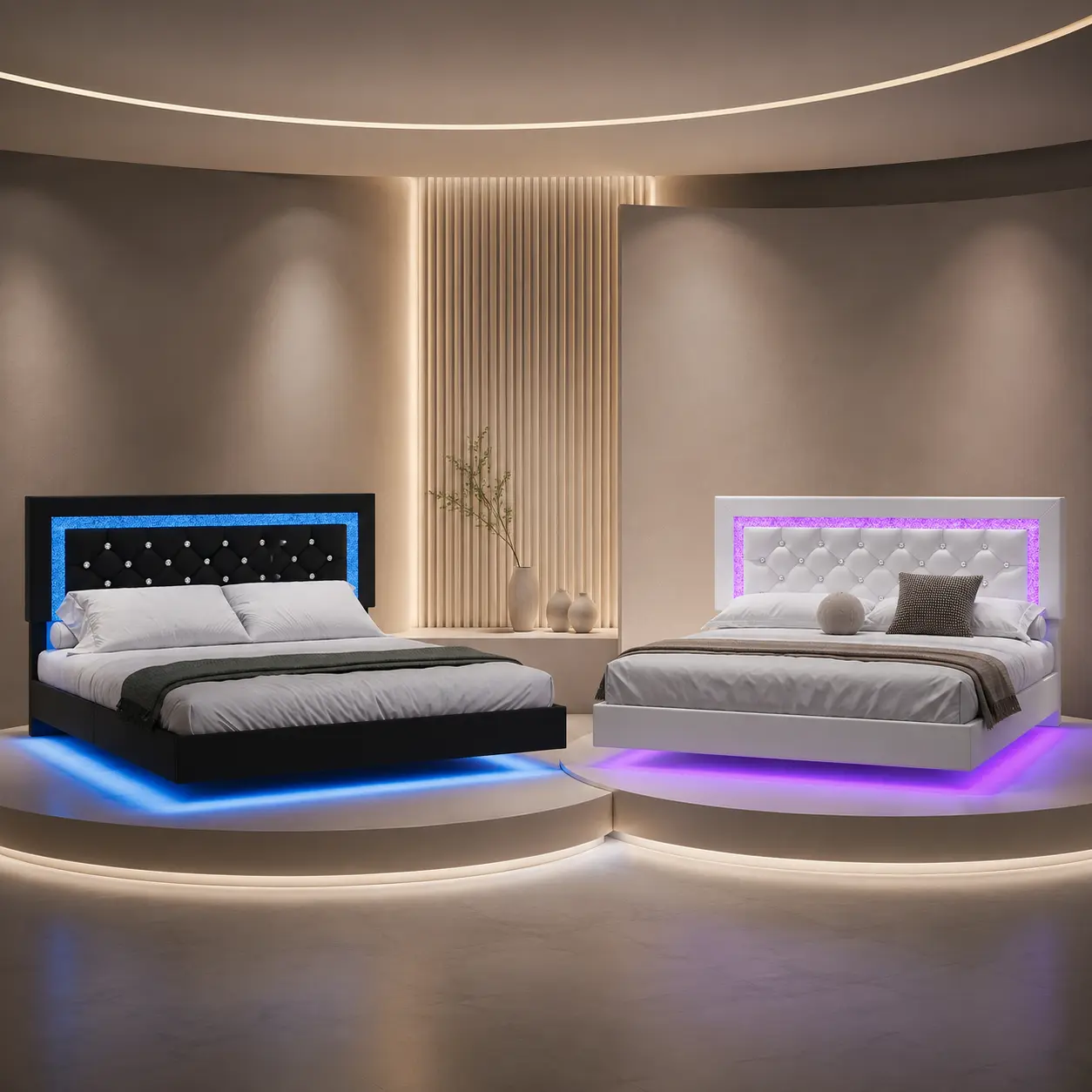 Upholstered LED Platform Bed Frame, Diamond Headboard with USB LED Strip, Twin/Full/Queen/King Size, White Pink Black