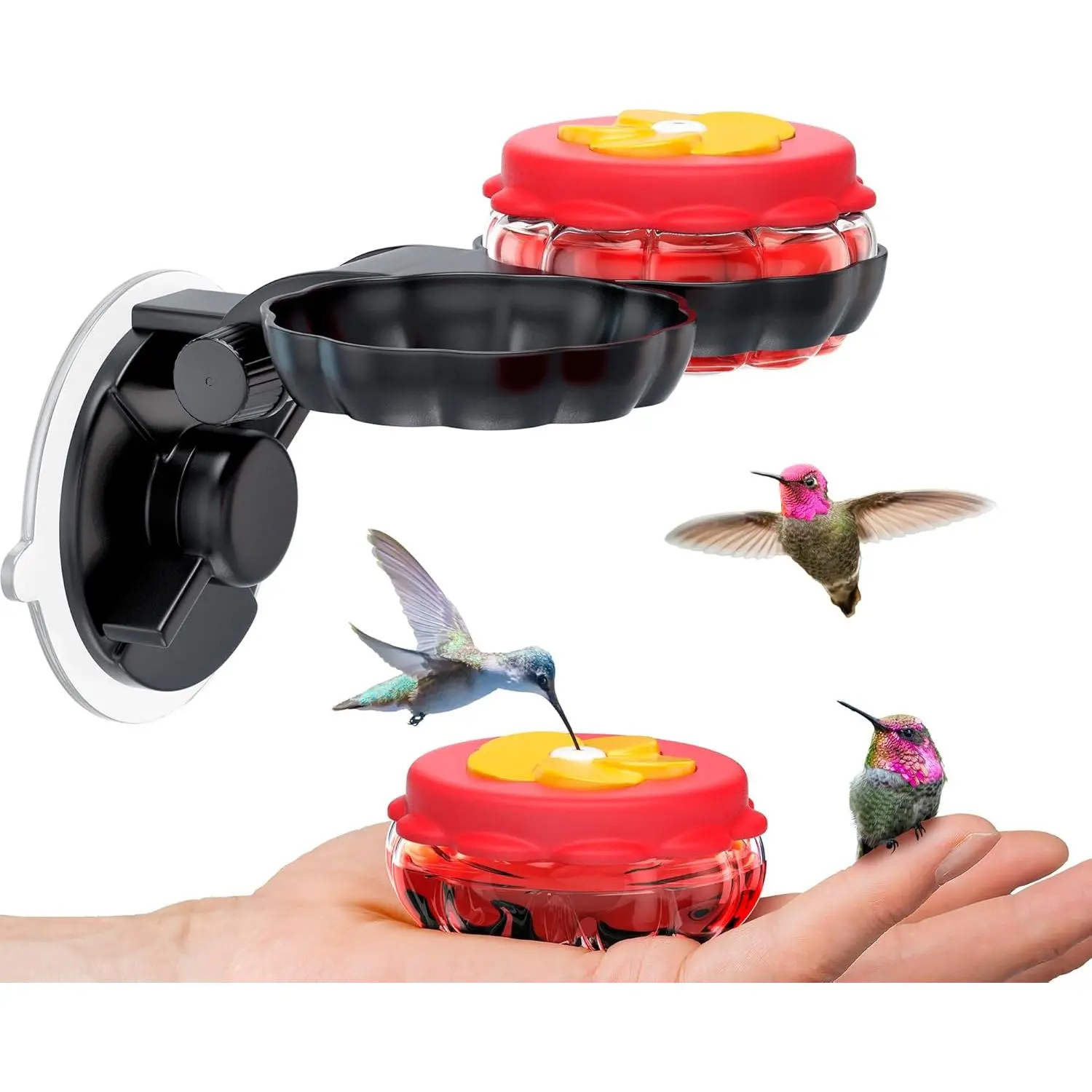 2 Pack Handheld Glass Hummingbird Feeders with Window Suction Base - Mini Sized Products, Multi-Use Setup, Window Mount for Tabletop, Outdoor Bird Feeding Tools