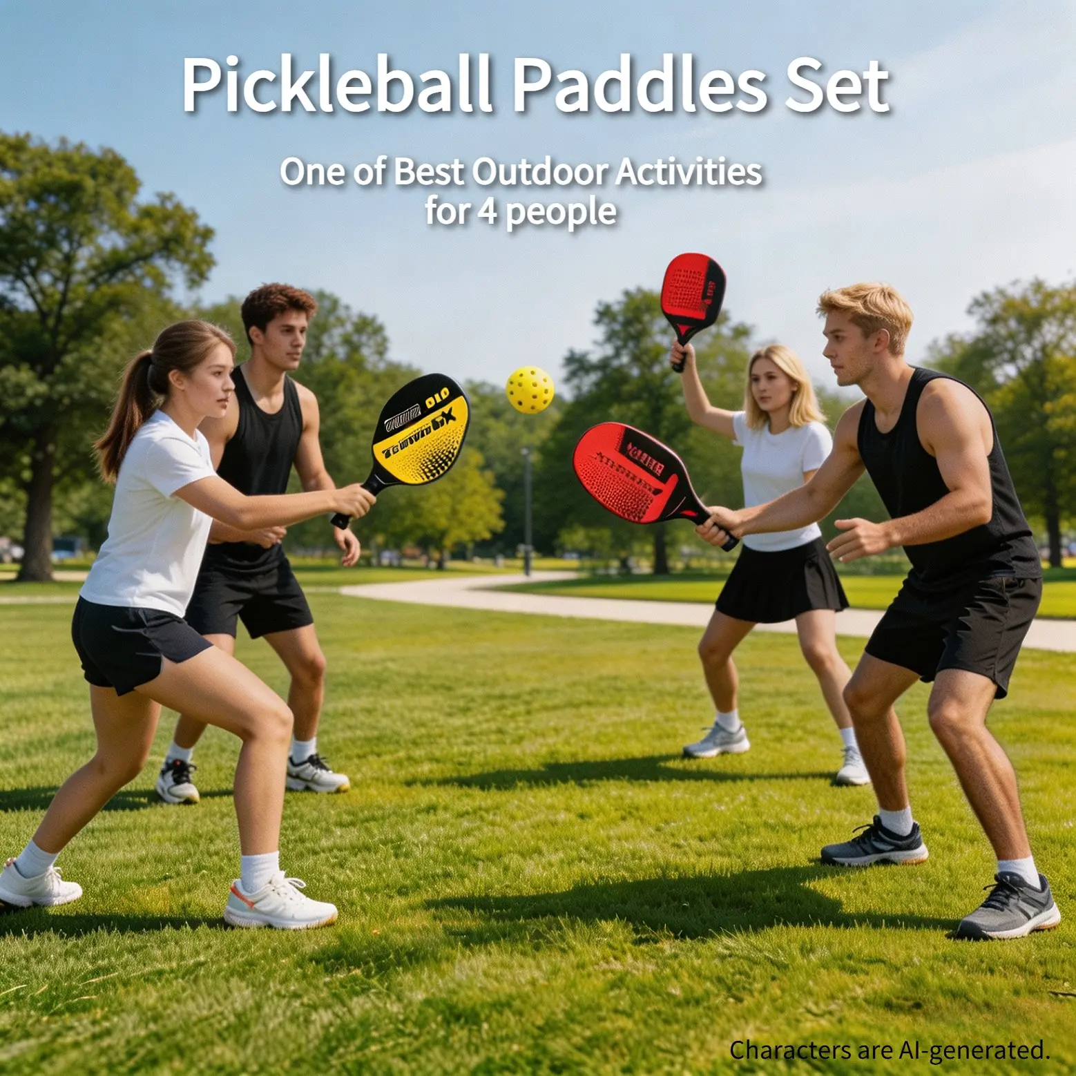 Pickleball Paddles Set of 2 with 4 Balls | Premium Wood Pickleball Racket for Beginners & Family | Lightweight 250g Comfort Grip, Outdoor Court Game Set for Adults & Kids (Red/Yellow)