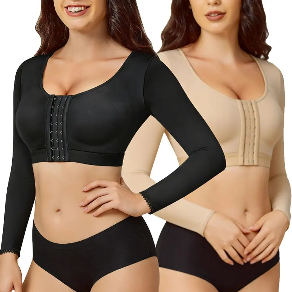 Women's Seamless Shapewear Top, Long Sleeve Fit Shaper for Arms with Push-Up Bra and Hook and Eye Closure, Slim, Compression, Body Flattering, Basic, Minimalist
