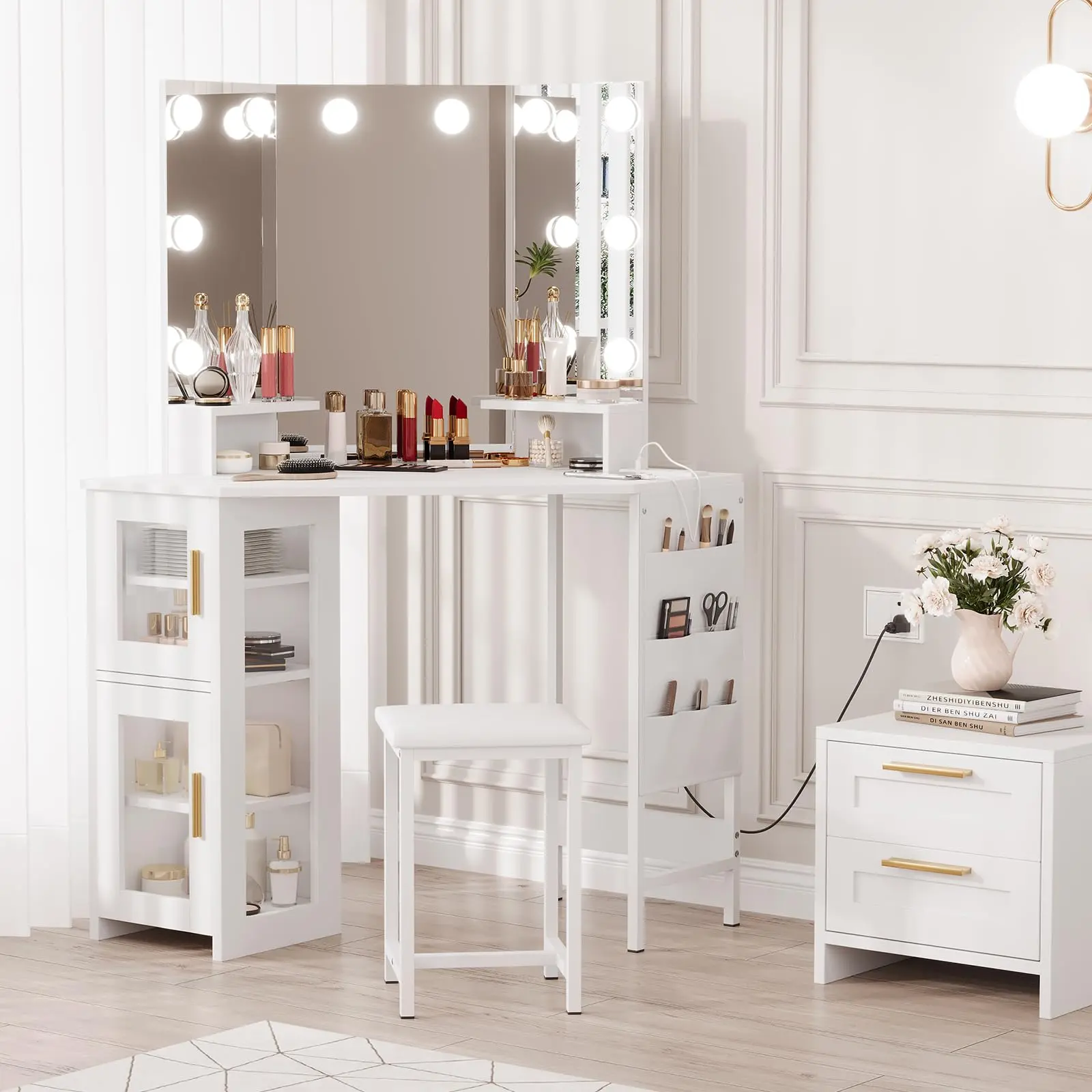Garvee Corner Makeup Vanity Desk with Lighted Mirror & Power Outlet, Makeup Table with 10 Bulbs, Stool, Cabinet & Open Shelves, 3 Lighting Modes Adjustable Vanity Table for Bedroom, Dressing Room, White
