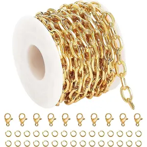 16.4 Feet Gold Plated Chain for Jewelry Making, Stainless Steel Cable Necklace Chains Bulk with Jump Rings and Lobster Clasps Jewelry Supplies