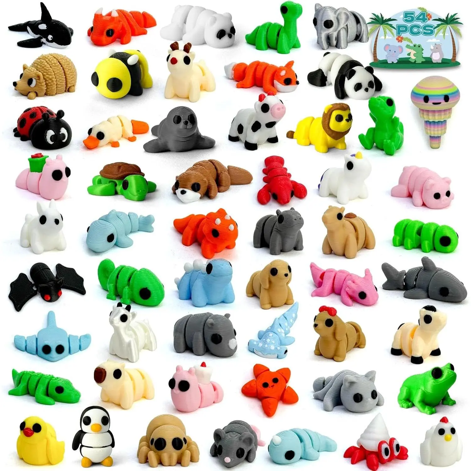 Mini 3D Printed Animal Set,Articulated Flexible Cute Animal Toys,Desktop Decoration Party Favors Gifts for Kids Students Carnival Prizes Reward (3D Printed Animals-54PCS)fidget toys
