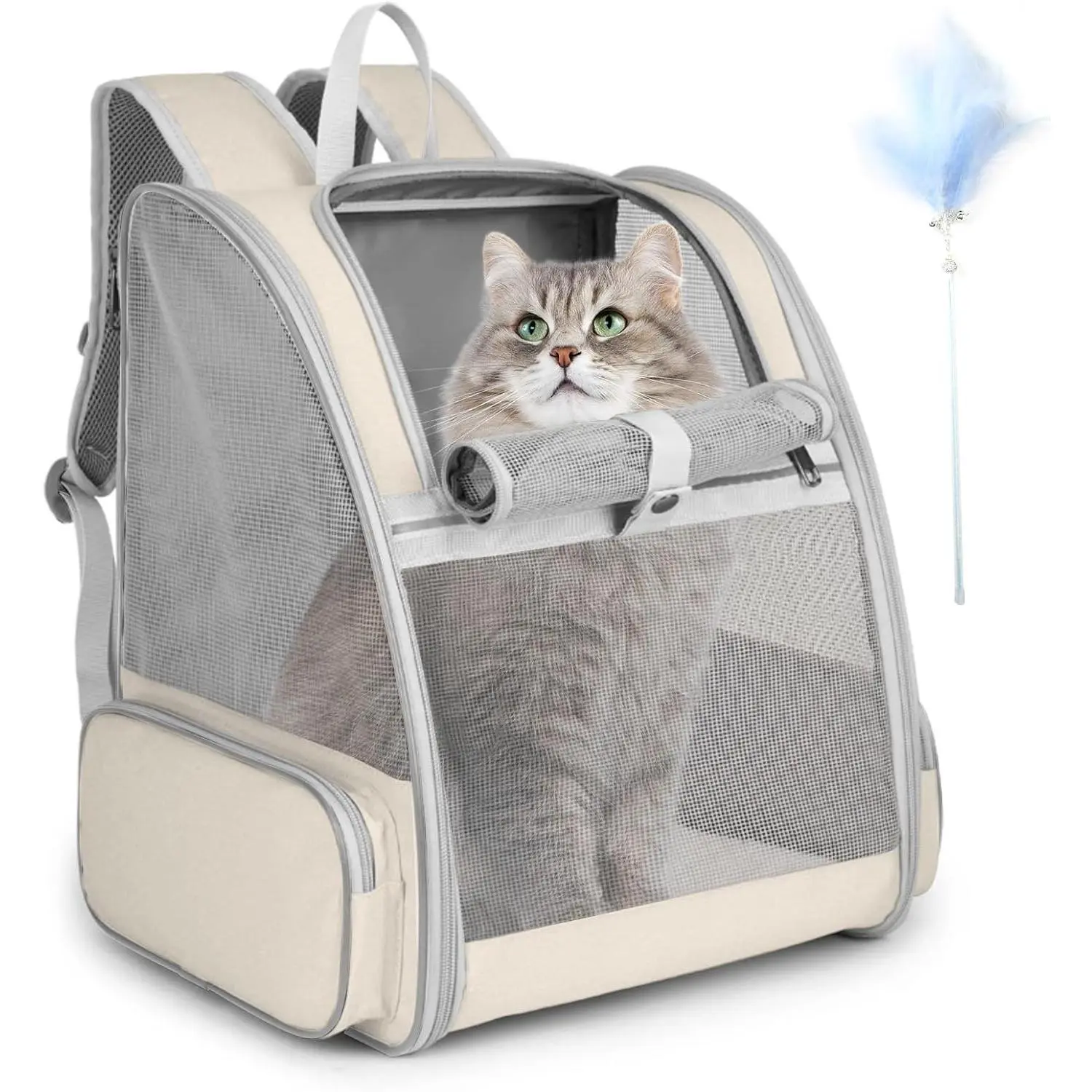 Ventilated Mesh Large Pet Carrier Backpack for Small Medium Dogs Cats Puppy Bunny up to 15lbs, Comes with Feather Kitten Wand Toy, Perfect for Travel Walking Outdoor (Beige)