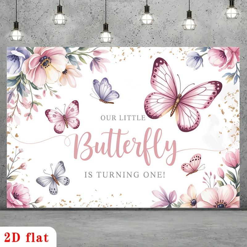 2D Flat, [party Backdrop] 2D Flat Banner, 1pc Little Butterfly First Birthday with Pink Butterflies and Pastel Flowers Polyester Backdrop, for Party Decor Farm, Garden, Home, Room, Club, No Electricity, This
