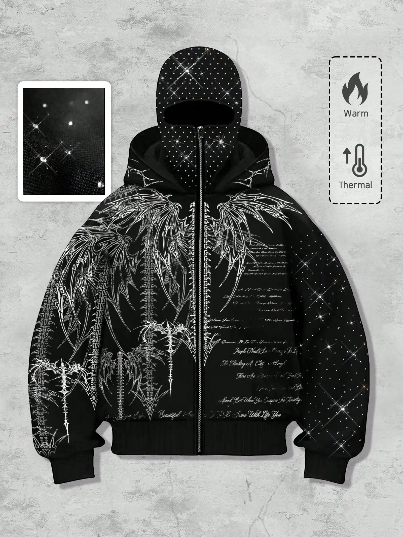Autumn/Winter Fleece-Lined Rhinestone-Patterned Men's Hooded Sweatshirt with Thorn Demon Wings Print and Spider Pattern, Double-Layer Headband with Sparkling Rhinestones on the Mask and Sleeves, Oversized Fit, Y2K Streetwear Style, Exclusive Men's Jacket.