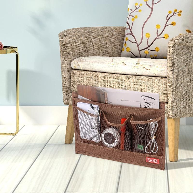 Bedside Organizer Bedside Storage Caddy Organizer with Hanging Pocket Remote Holder for Bed Accessories Brown