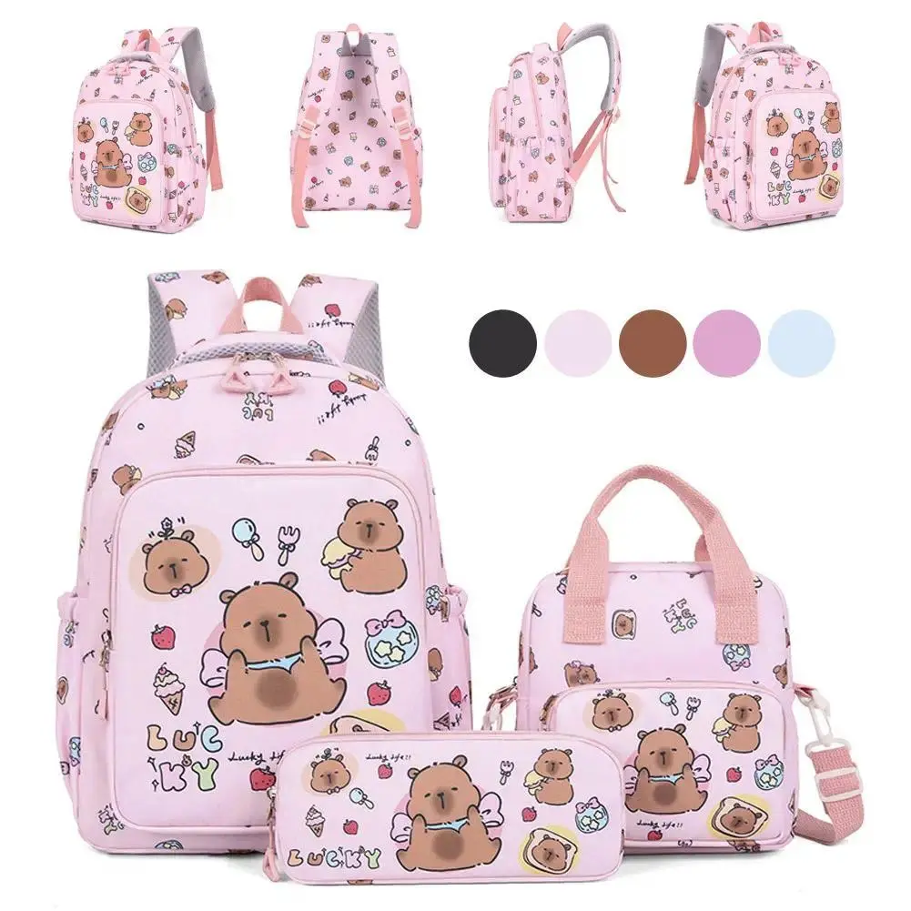 3Pcs/Set Kawaii Capybara Backpack Large Capacity Cartoon Teenager Fashion Nylon Lightweight Rucksack Set