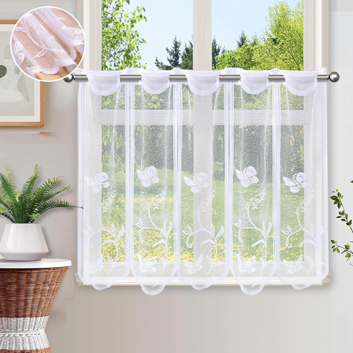 Butterfly & Flower Pattern Lace Curtain, Short Curtain, Window Curtain for Home Living Room Bedroom Kitchen, Home Decor, Net Curtains Window