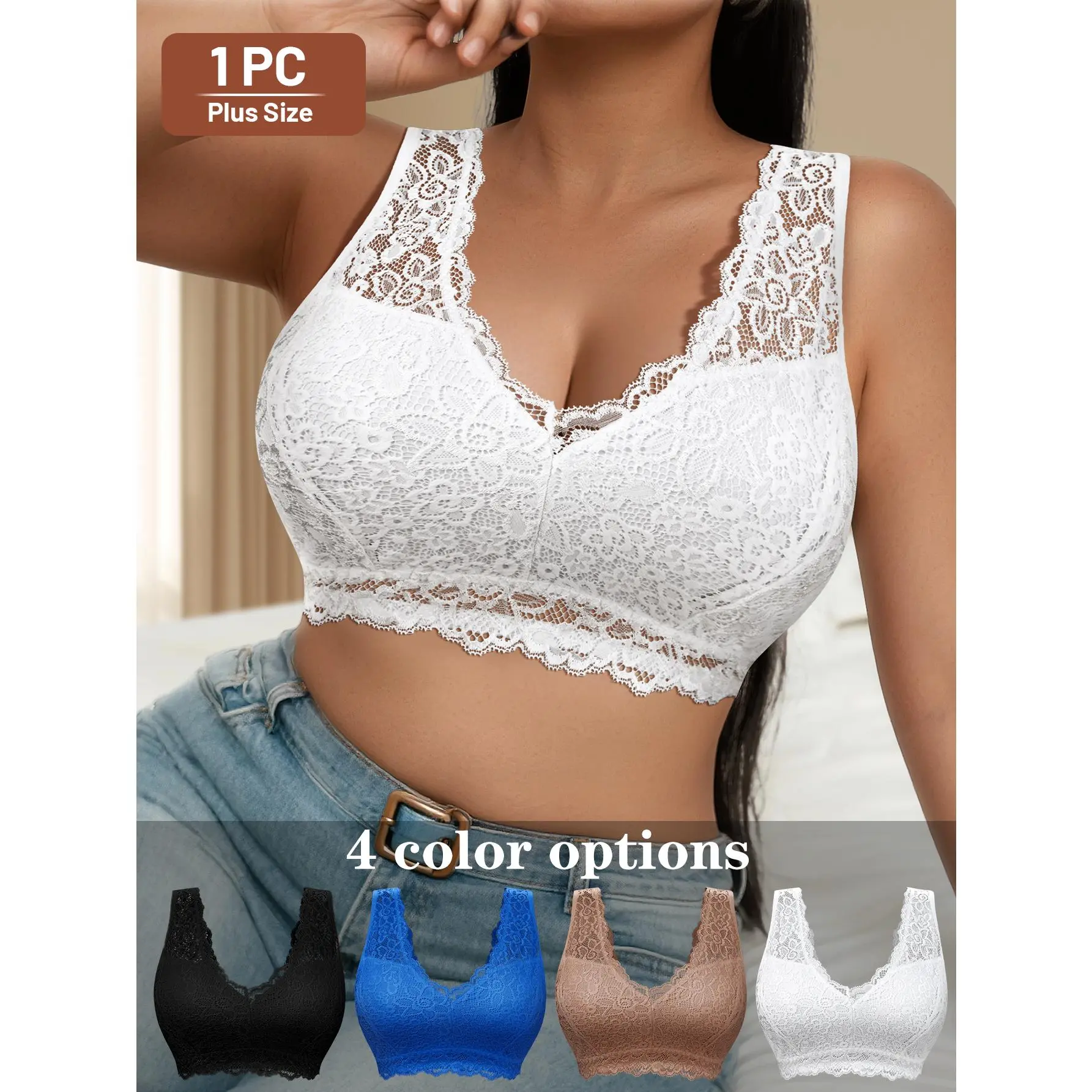 QUASTI Single Pack Plus Size Lace V-Neck Tank Bra, Silky Milk Silk Wireless Camisole Bra Lightweight For Summer Daily Wear, 1XL-5XL