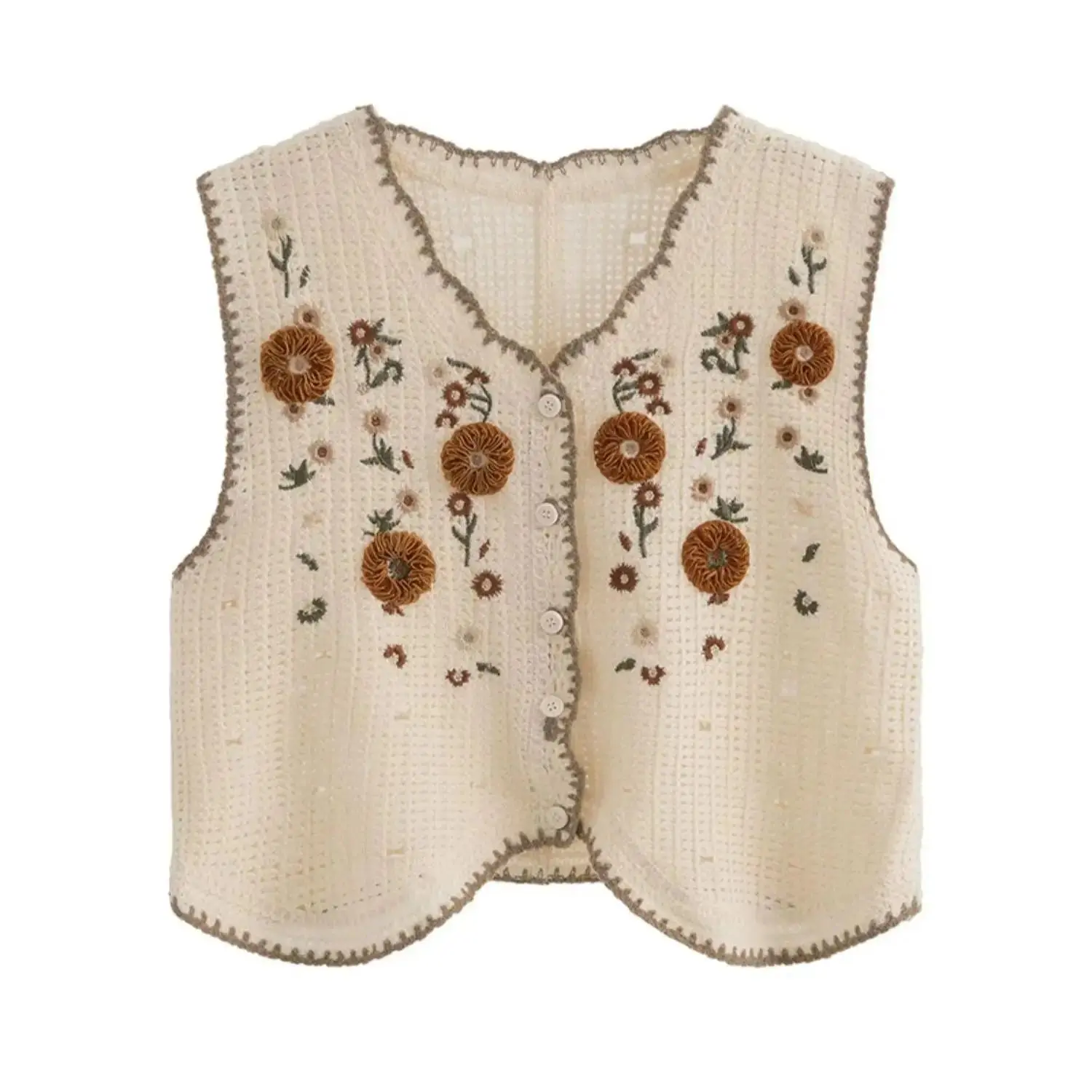 3D Floral Appliqué Tanks Crochet Vest Button Front Sleeveless Jacket Open-Knit Waistcoat Summer Cottagecore Modern Boho