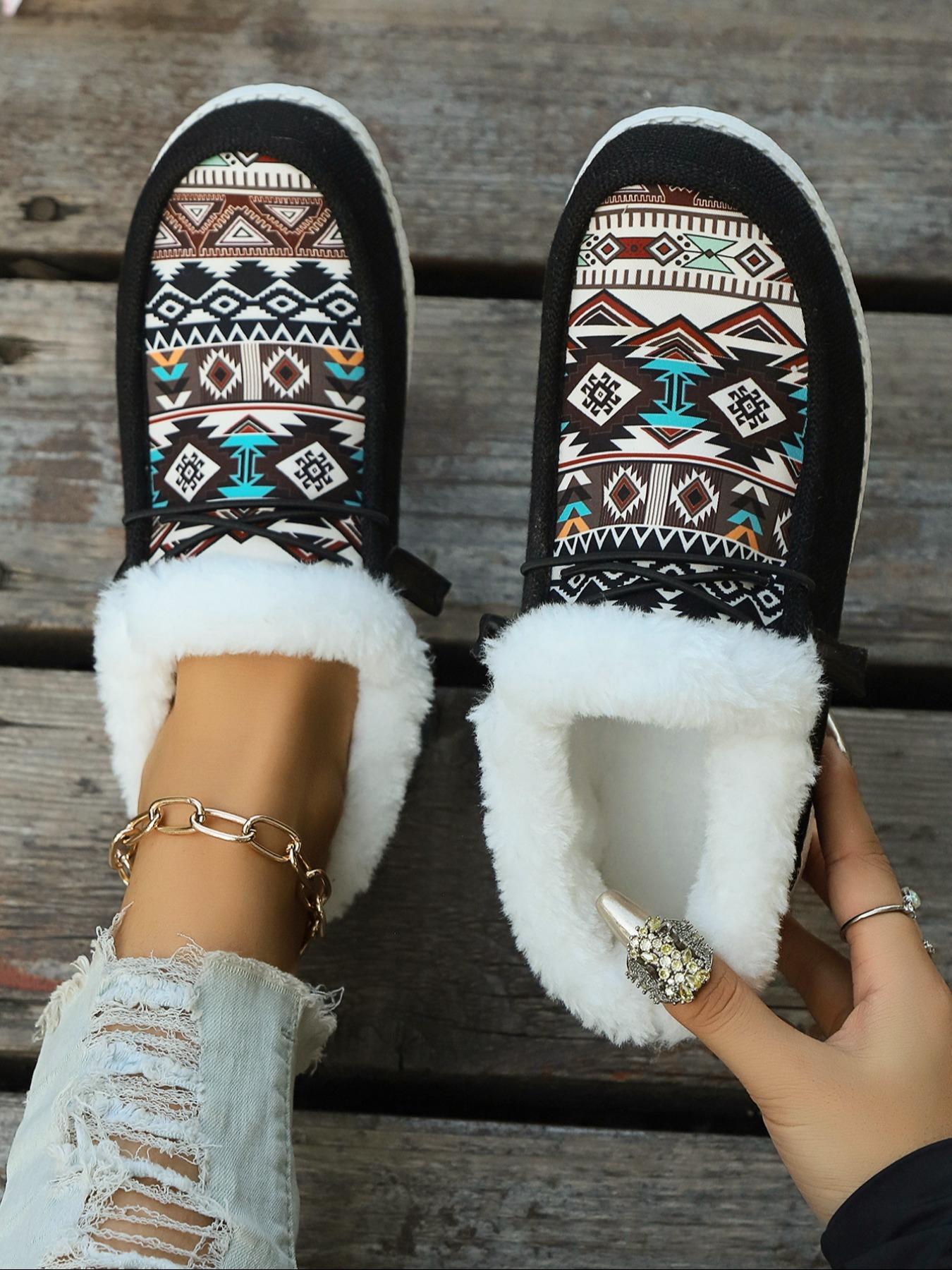 Women's Lace Up Low Top Colorblock Ethnic Pattern Sneakers, Casual Warm Sports Shoes for Winter, Female All-match Round Toe Shoes for Daily Wear