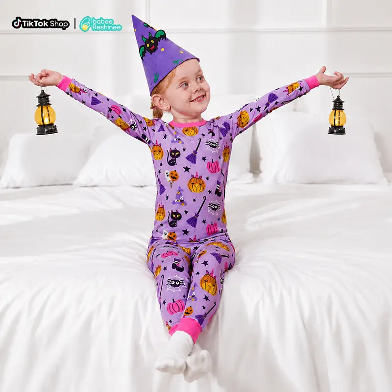 babee Reshinee Toddler Girls' 2-Piece Bamboo Blend Pajama Set, Long Sleeve Graphic Sleepwear (Halloween, Christmas, Tie Dye, Easter, Camouflage), Tagless Round Neck, Soft Breathable Stretchy Snug Fit, All Seasons, 12M-8Y