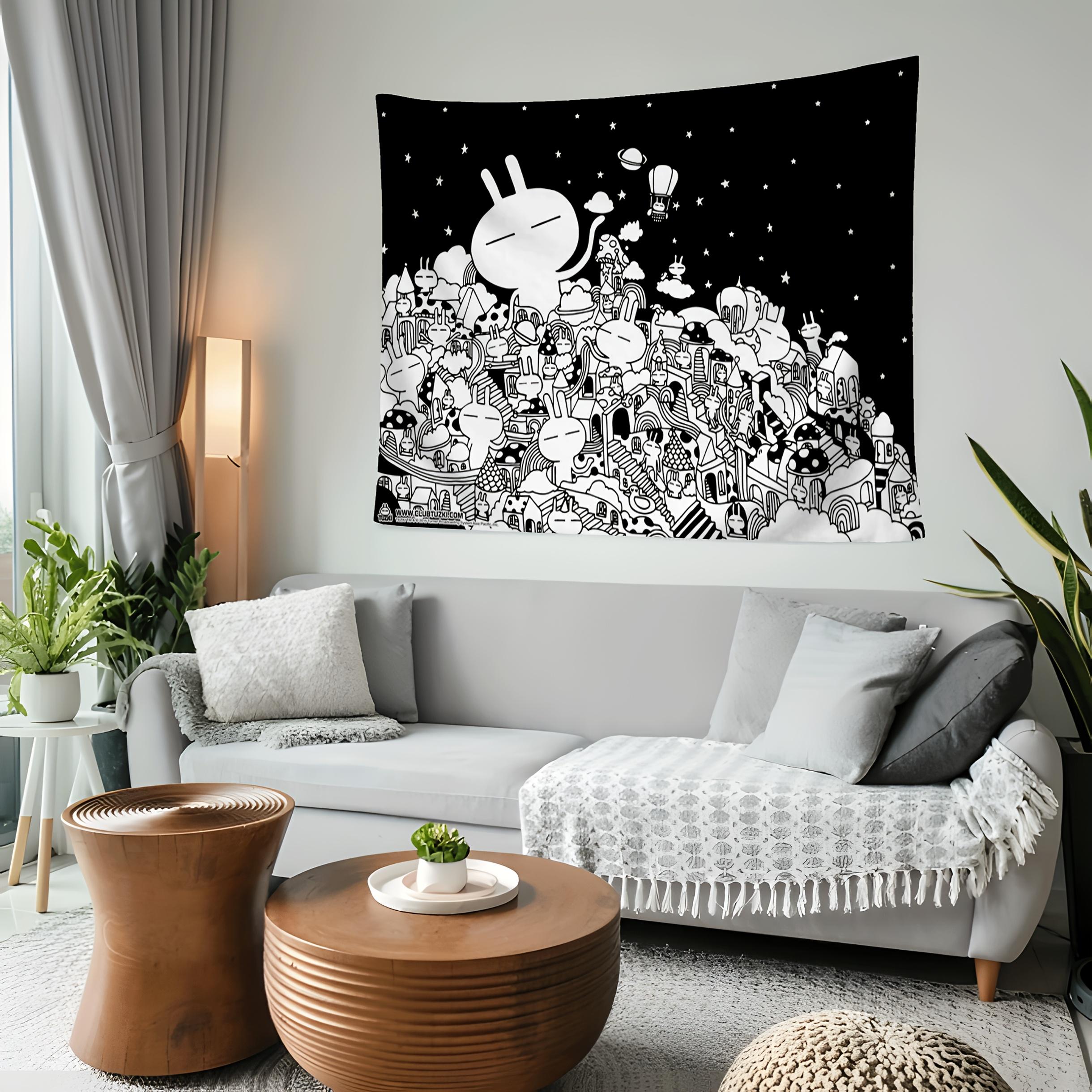 Black and White Minimalist Anime Tapestry - A group of cute characters with smiling, horizontal decoration, suitable dorm rooms, living rooms, office decor - Soft peach-beige, black and white line art, party backdrop, holiday decoration, furniture, minima