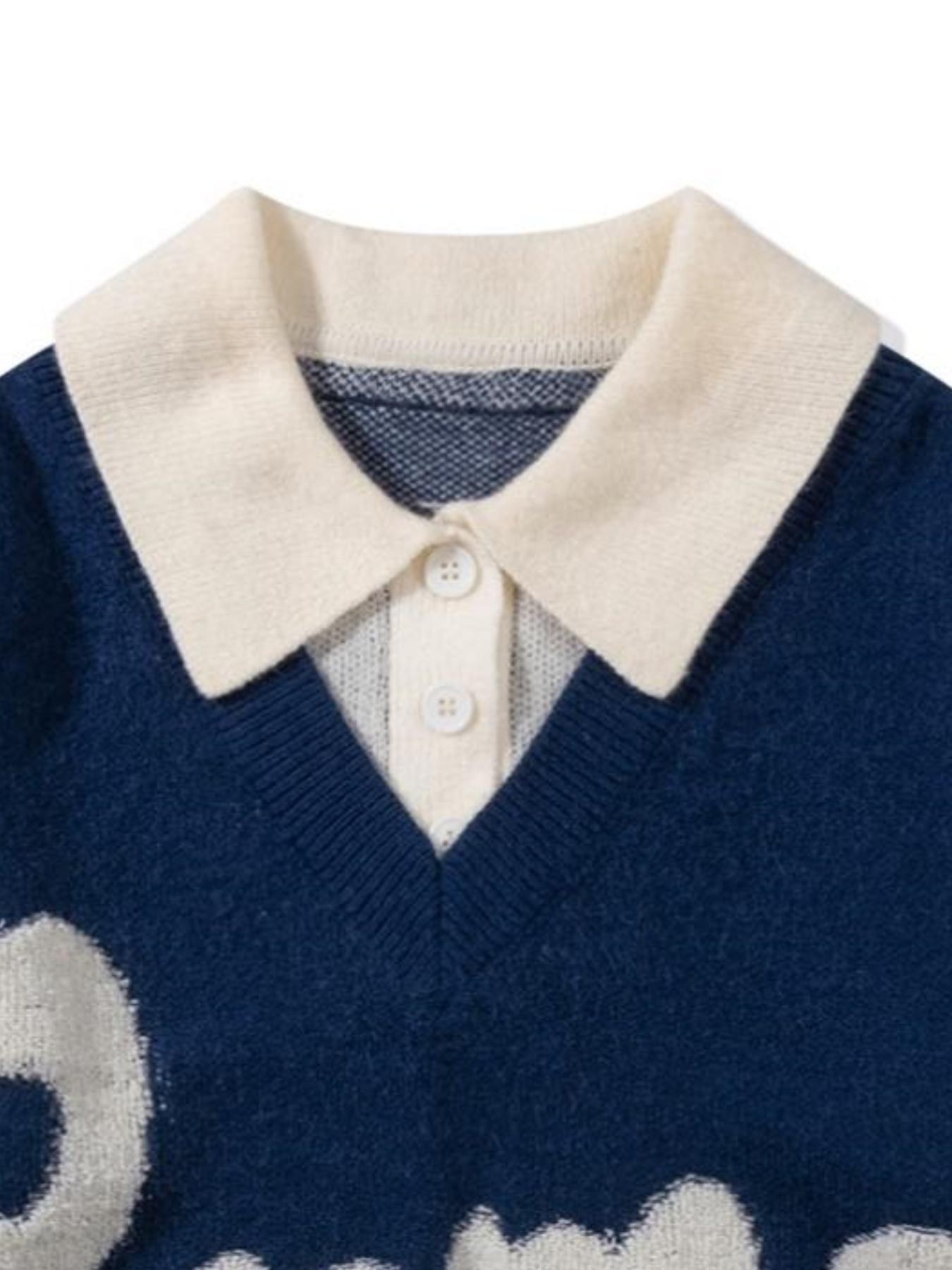 Men's Letter Print 2 in 1 Collar Polo Sweater, Loose Casual Collared Long Sleeve Knitted Button Front Jumper for Spring & Fall, Fashion Men's Knitwear for Daily Wear, Pullover, Casual Chic Knitwear, Tops