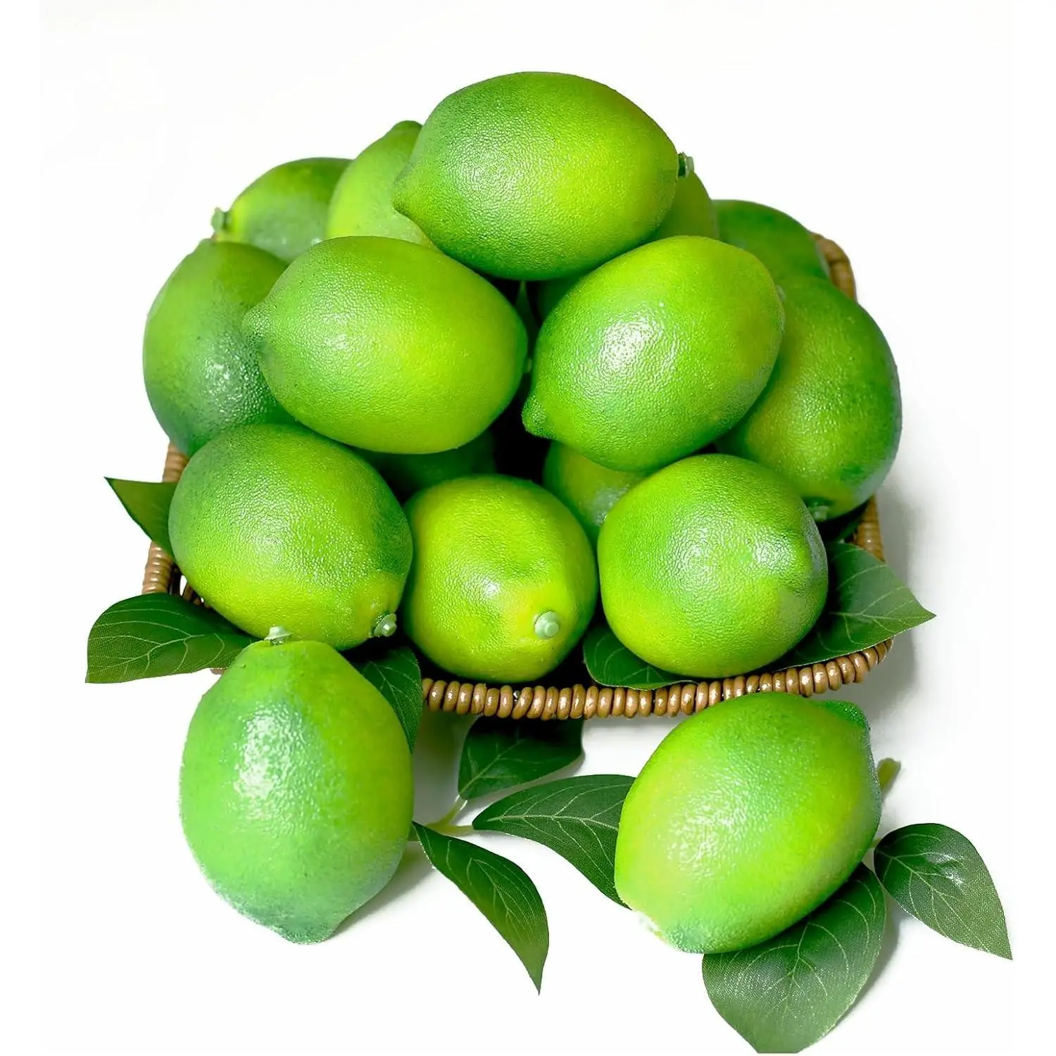 12 Green Fake Limes Artificial Lifelike Faux Fruit with Leaves Simulation Decorative Lemons for Kitchen Party Home Bowl Photography Props