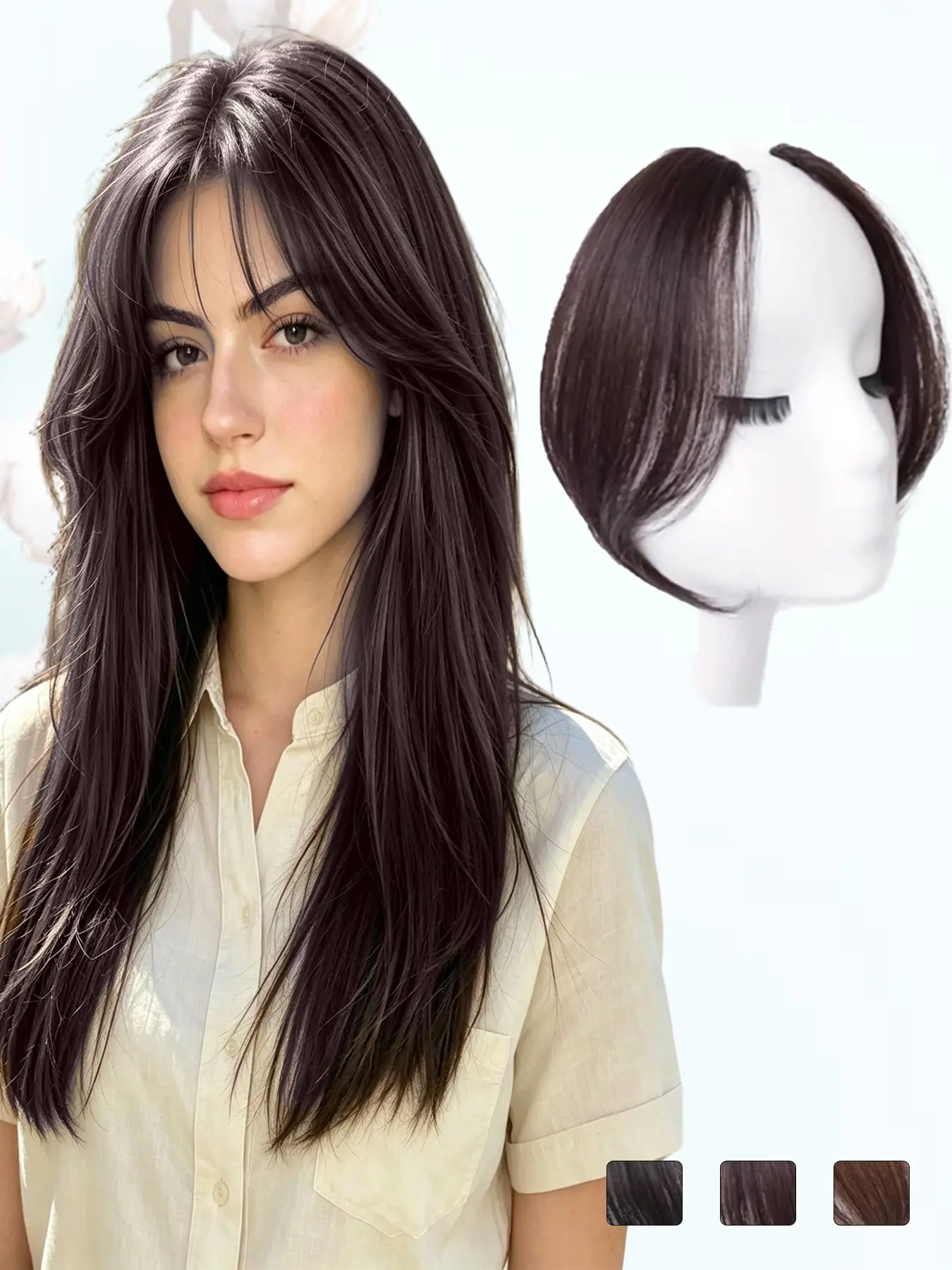 KAIRIYA 2-Pack Heat Resistant French Bangs: Invisible Clip-In Side Fringe with Skin Weft Design, Soft Seamless Synthetic Hairpiece, Customizable Heat Styling for Women Holiday Party & Daily Wear