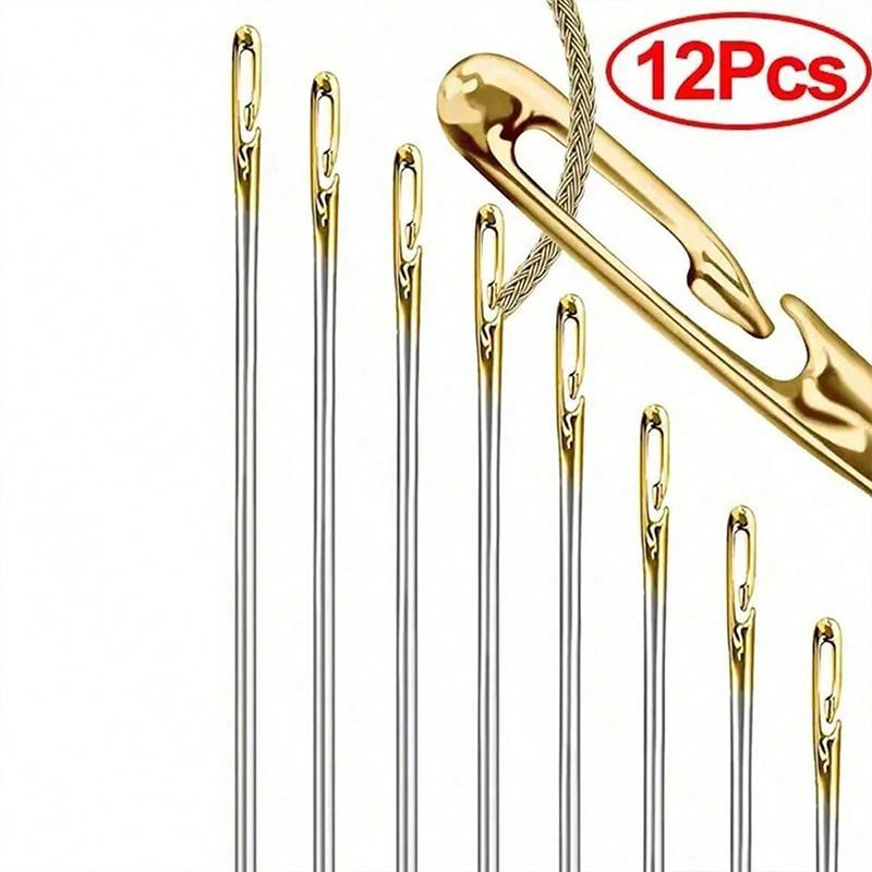 12pcs Self Threading Needle, Open Type Easy Threading Needles, Hand Sewing Needles Resistant to Rust with Wooden Case