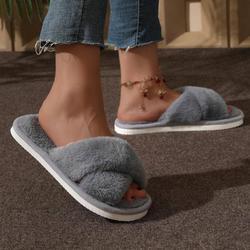 Cross Warm Fluffy Furry Slippers Women Lightweight Flat Heels Fur Slides Woman Autumn Winter Open Toe Non Slip Home Floor Shoes