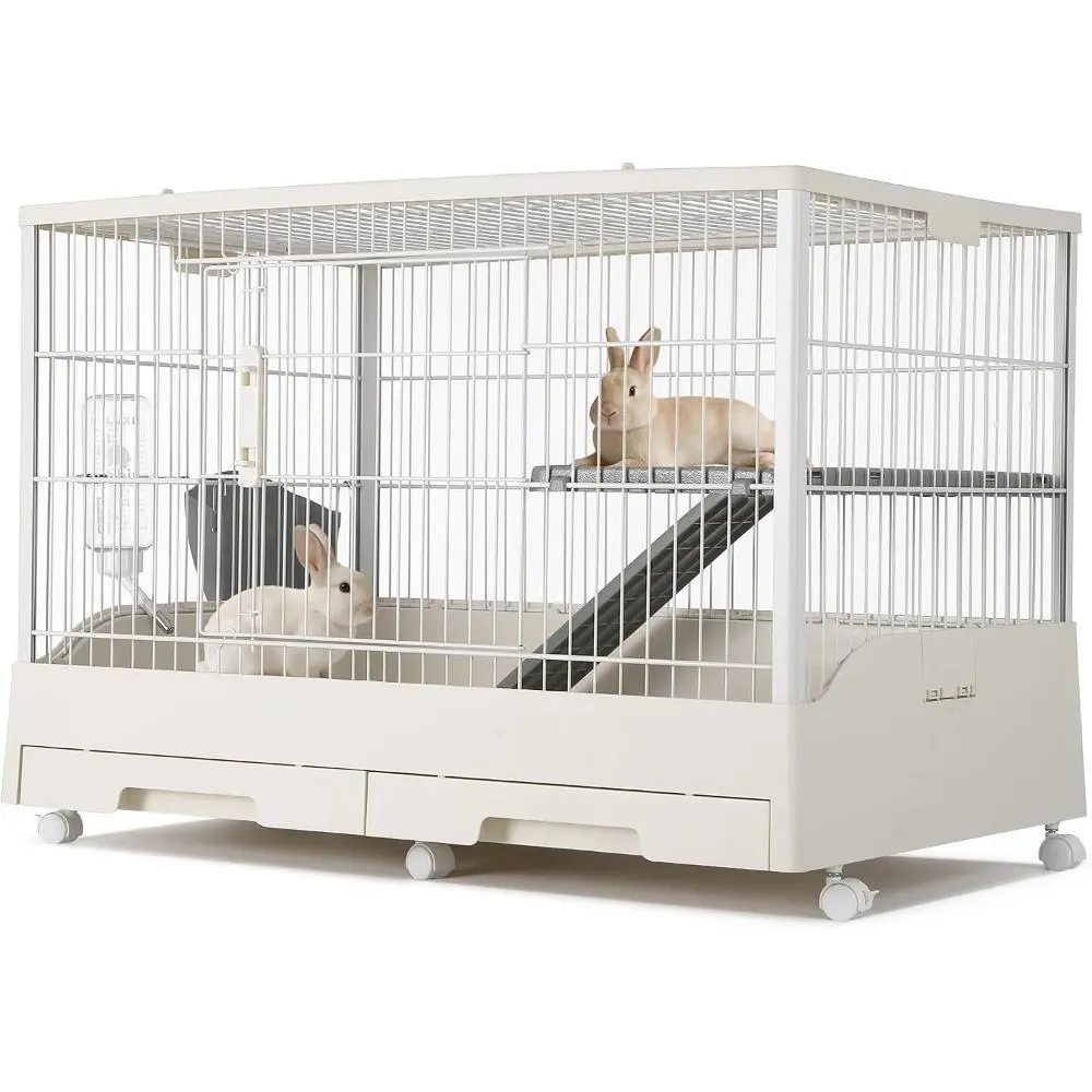 Gaomon Garvee Multi-Level Iron Wire Small Animal Cage - Durable 33''x22''x26'' Rabbit Hutch with 2 Removable Easy Clean Trays, Ramp, 6 Casters, Water & Hay Feeder for Feeding, Indoor-Outdoor Use for Rabbits, Hamsters
