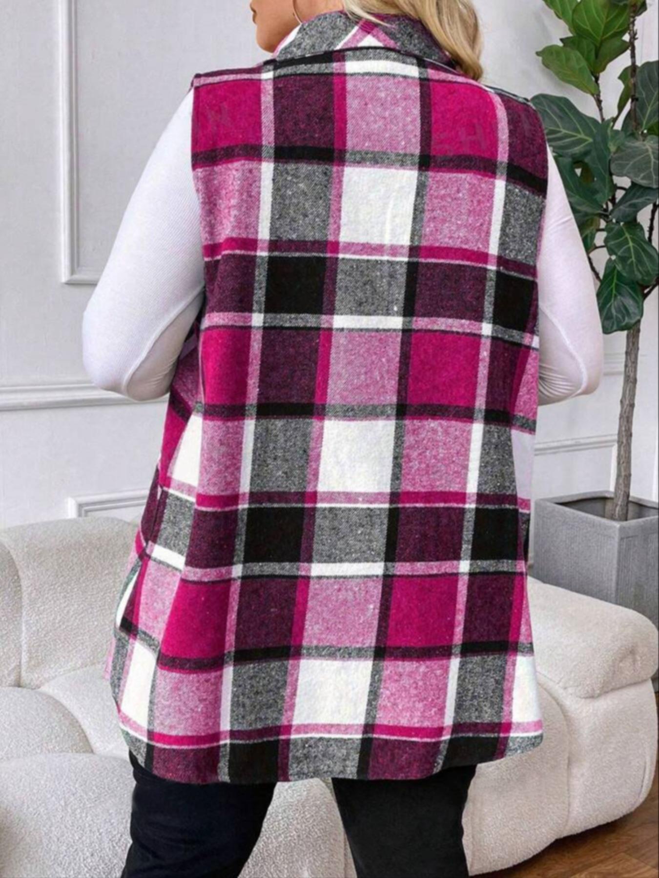 Plus Size Women's Plaid Casual Notched Neck Vest Jacket (fake Pockets), Button Front, Fitted Sleeveless Design, Fall & Winter Fashion