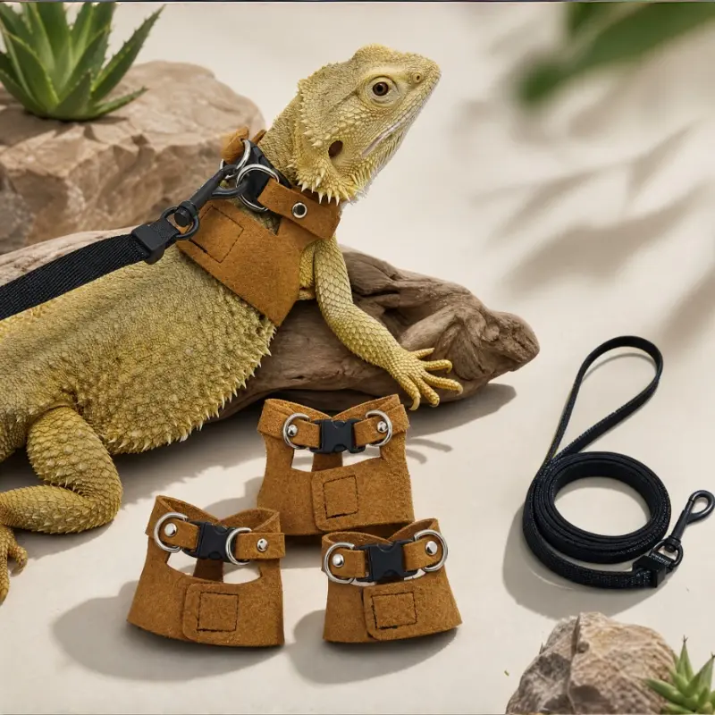 3-size lizard reptile leash set, adjustable soft microfiber suede leather with hook buckle design