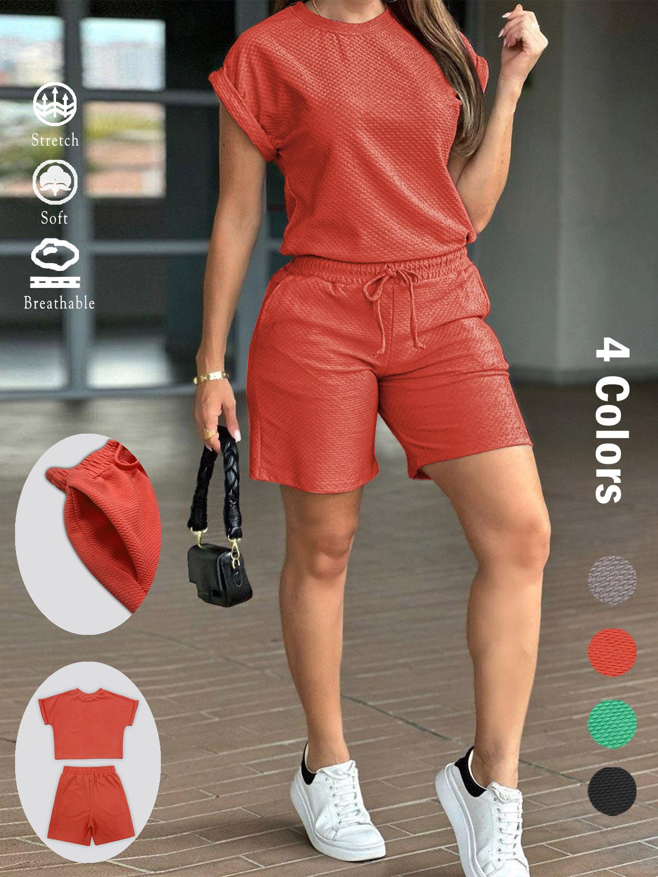Women's Solid Short Sleeve Crop Top & Drawstring Waist Shorts Set, Casual Fashion Cozy Breathable Two-piece Set for Daily Outdoor Wear, Women Clothes for Summer