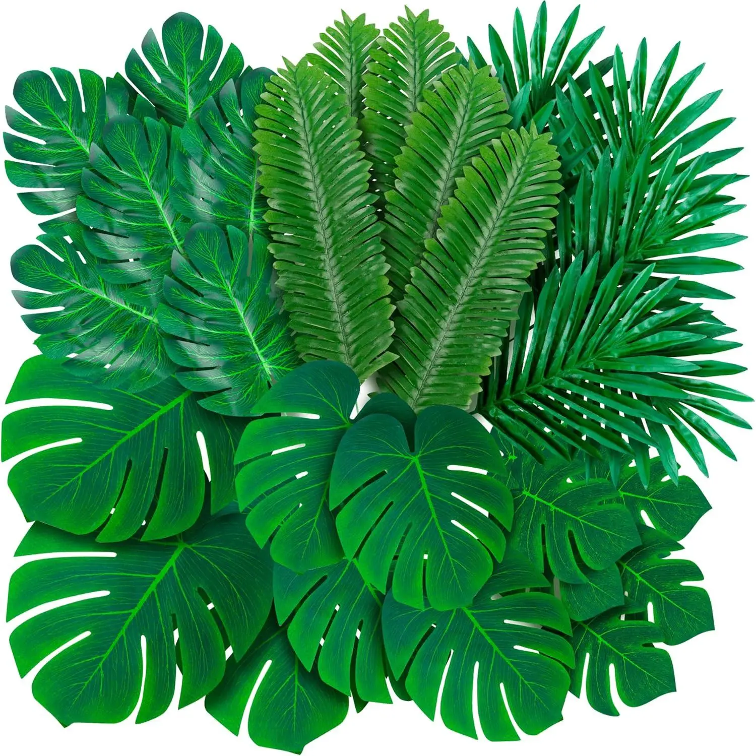 108-Pack Artificial Tropical Monstera Palm Leaves, 6 Kinds Large & Small Green Fake Leaves with Stems for Safari Jungle Hawaiian Luau Party Table Decoration Wedding Birthday Theme