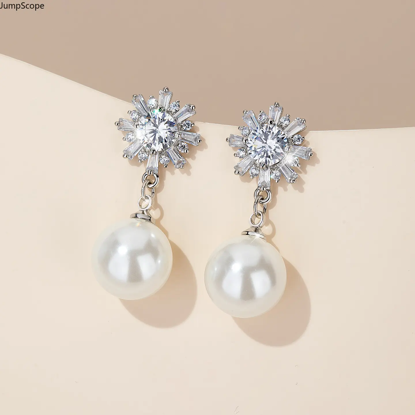 Sunburst Snowflake Paved Zircon 12MM Shell Pearl Long Dangle Earrings, Minimal Elegant Korean Inspired Versatile Women Pearl Ear Jewelry