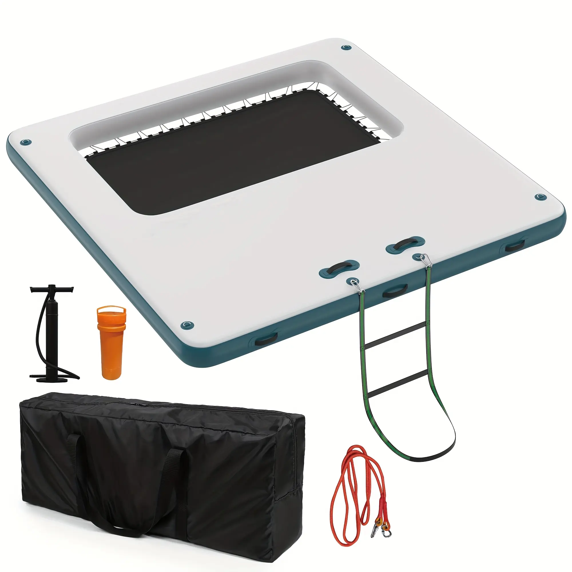 10x10FT Inflatable Floating Dock, Inflatable Dock Platform with 4 * 7FT Trampoline Mesh Pool, Floating Island with Portable Bag & Detachable Ladder, Non-Slip Floating Platform Water Mat for Pool Party