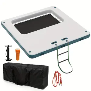 10x10FT Inflatable Floating Dock, Inflatable Dock Platform with 4 * 7FT Trampoline Mesh Pool, Floating Island with Portable Bag & Detachable Ladder, Non-Slip Floating Platform Water Mat for Pool Party