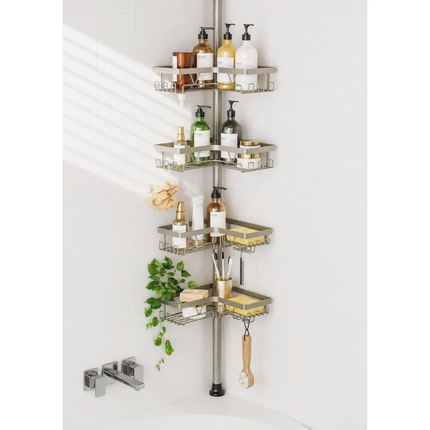 Shower Caddy Tension Pole, 4-Tier Rustproof Adjustable Corner Bathroom Organizer for Renters, 25–114.2 Inch No Drill Space-Saving Shower Storage Rack, Silver Gray