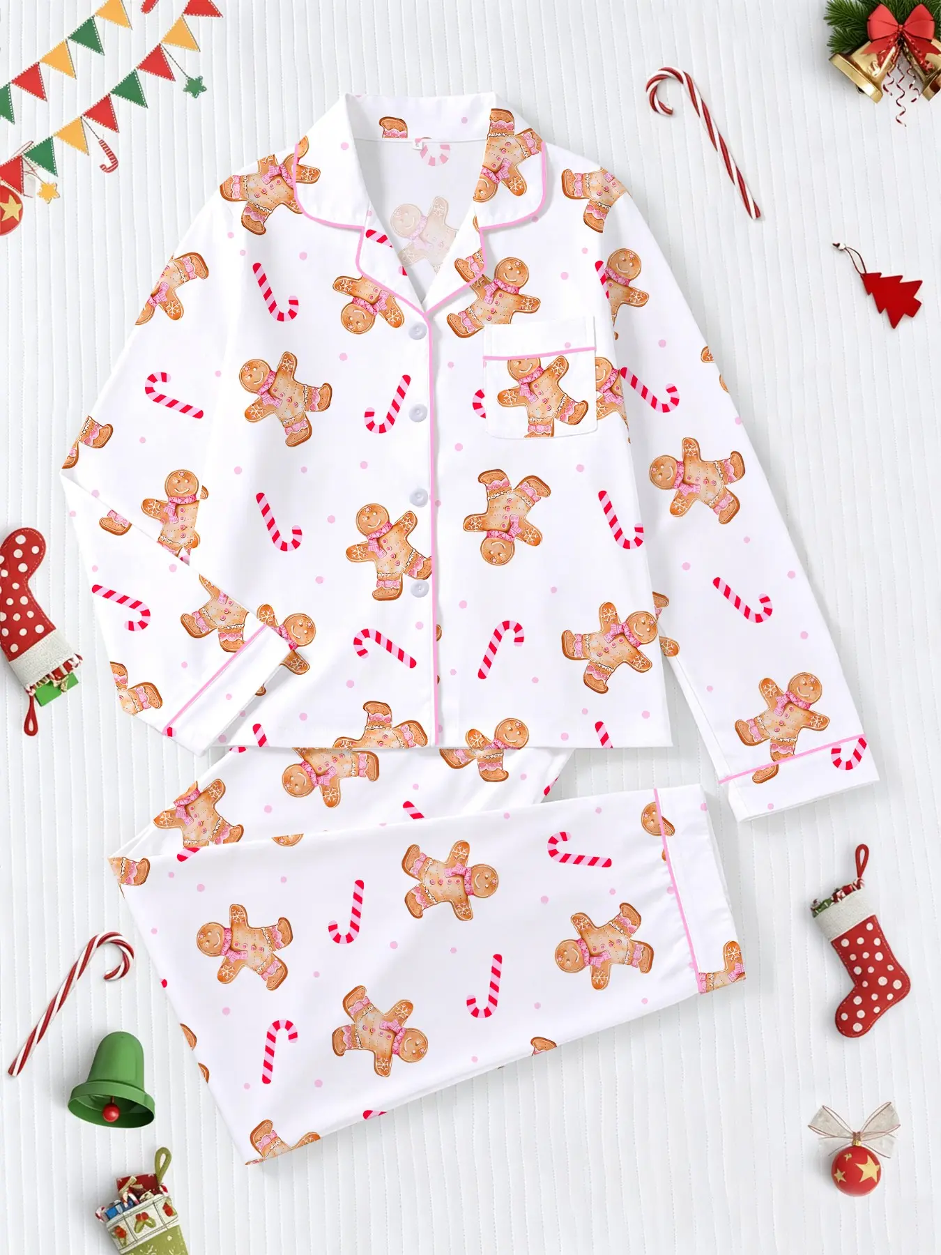 【Christmas】Women's Fall Winter Pajama Set, Christmas Gingerbread Man Print, Casual Fitted Long Sleeve Top & Elastic Pants, Soft Stretch Fabric