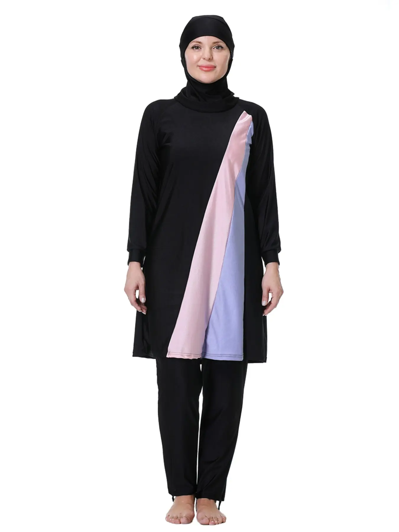 Muslim Conservative Swimwear Set, Modest Long Sleeve Burkini, Colorblock Swimsuit, Colorblock Loose-Fit, Sun Protection, Quick-Dry, Islamic Middle East Style