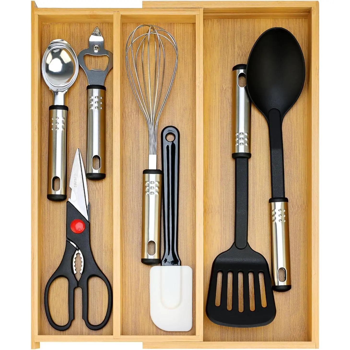 Large Bamboo Silverware Drawer Organizer Tray Kitchen Tool Drawer Divider Expandable Storage Cooking Utensil Organizer Wooden Cutlery Tray Spoon Flatware Utensil Holder Drawer