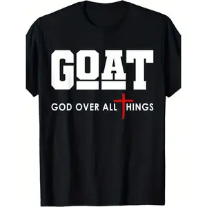 GOAT Graphic Tee - Black Crew Neck with White Lettering And Red Cross Design | <God Is All-Powerful> Statement Edition | an Ideal of Casual Wear And Spiritual Motivation | A Distinctive Gift Option for Those Who Love for Faith And Sports