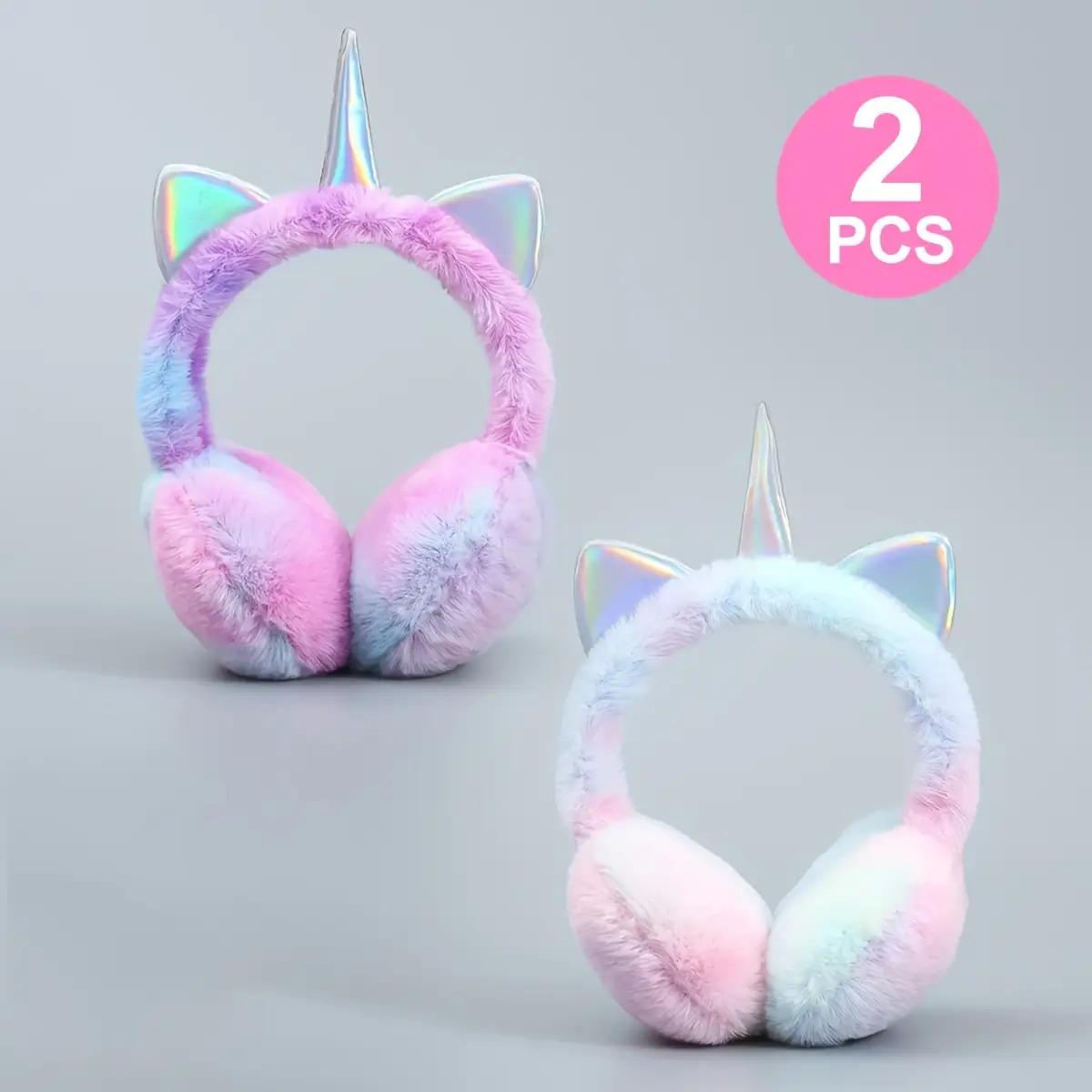2-Pack Kids Winter Ear Warmers - Soft Plush Unicorn Ear Muffs with Pastel Pink, Purple, Blue, or - Cold Weather Ear Protection for Girls & Boys Ages 3-6 Years - Birthday Party, School, Everyday Winter Outfits - Non-Electric Safe Ear Covers, Kids Cold Weat