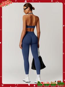 women's solid backless halter crop sports bra & high waist leggings set, sporty breathable comfortable outfits for yoga gym workout running, ladies sportswear for all seasons, activewear, workout running clothes