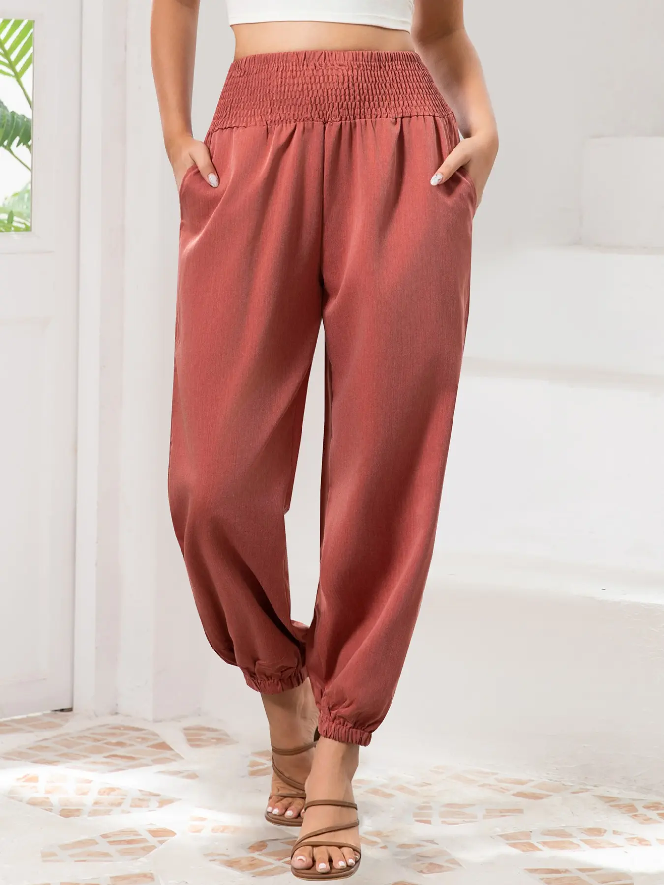 High-Waisted Elastic Waist Drawstring Jogger Pants, Large Capacity Side Pockets, Casual Commuter Long Pants for All Seasons