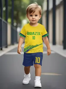 Brazil 10 Kids T-Shirt Set, Trim Short Sleeve, Royal Blue Shorts, Football Two-Piece, Casual Graphic Style