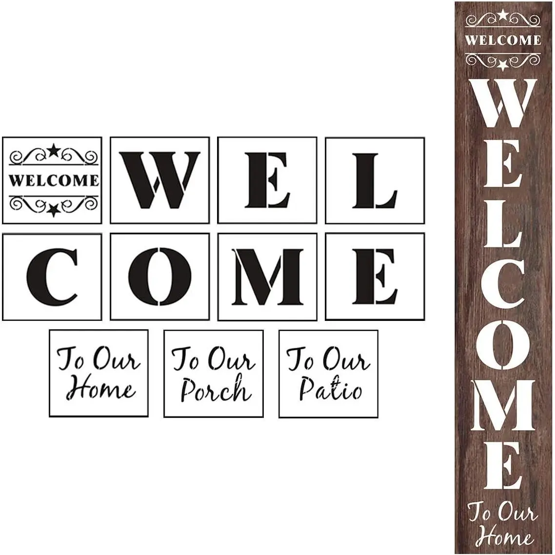 11 Pack Large Vertical Welcome Sign Stencil Templates for Wood Painting, Reusable Letter Stencils for Home Patio Porch Signs & Front Door Decorations