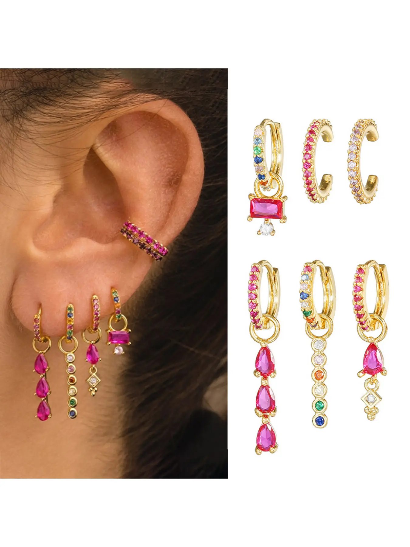 Six-piece Colorful Combo Earring Set: Rose-red Tiny Stone Non-pierced Clip-on Earrings, Water-drop Rose-red Stone Pendant Hoops, Gradient Mixed-color Stone Long Ear Buckles Earring Stacks