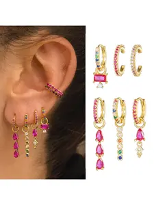 Six-piece Colorful Combo Earrings: Rose-red Tiny Stone Non-pierced Clip-on Earrings, Water-drop Rose-red Stone Pendant Hoops, Gradient Mixed-color Stone Long Ear Buckles