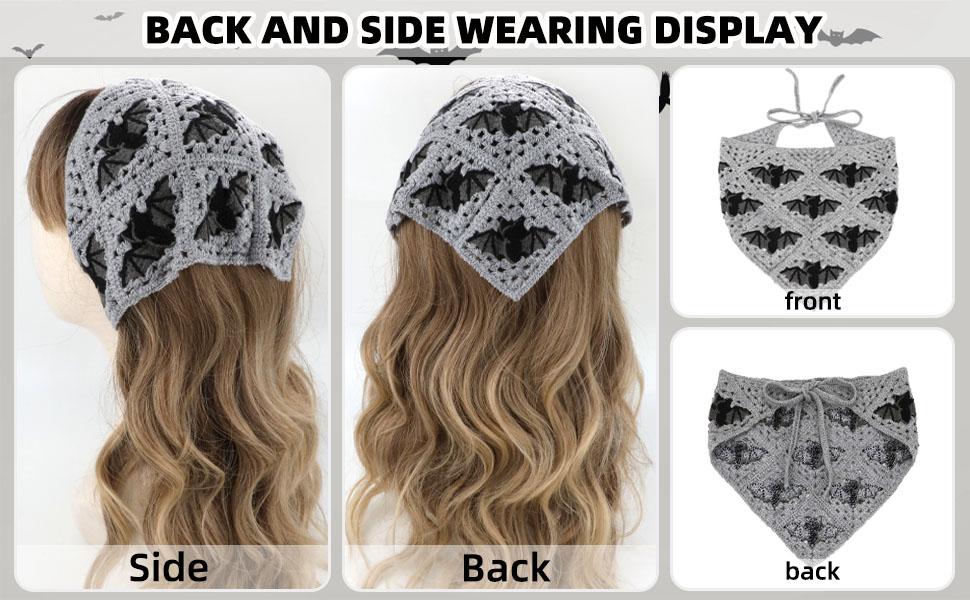 Gothic Crochet Headbands Bat Pattern Bandana for Women, Cotton Knit Triangle Headband Greyscale Halloween Style Head Scarf Christmas Vintage Crochet Hair Styling Decor